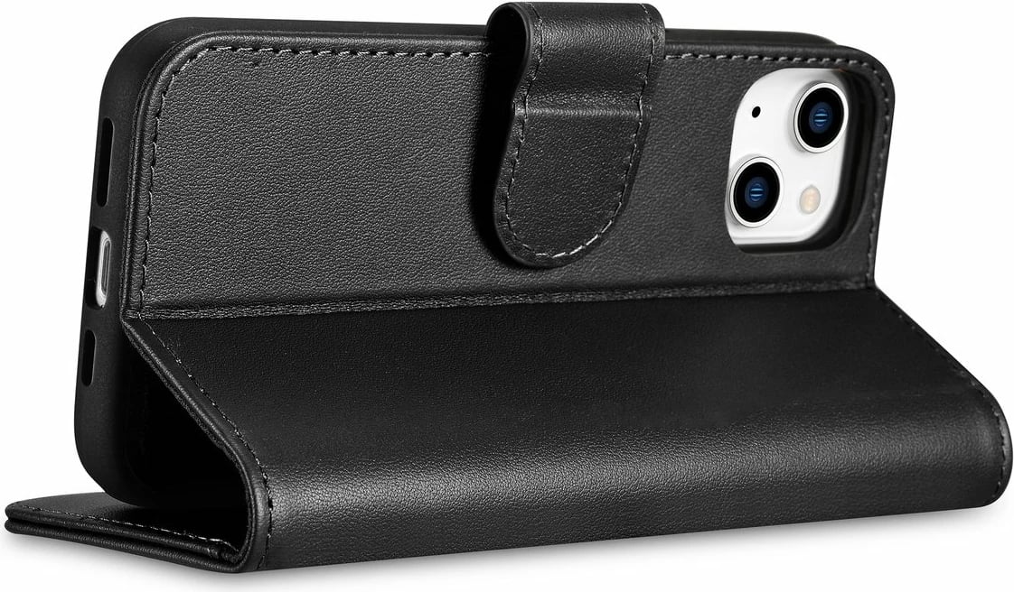 Mbështjellës iCarer Wallet Case 2in1 për iPhone 14 Plus, lëkurë natyrale, Anti-RFID, e zezë