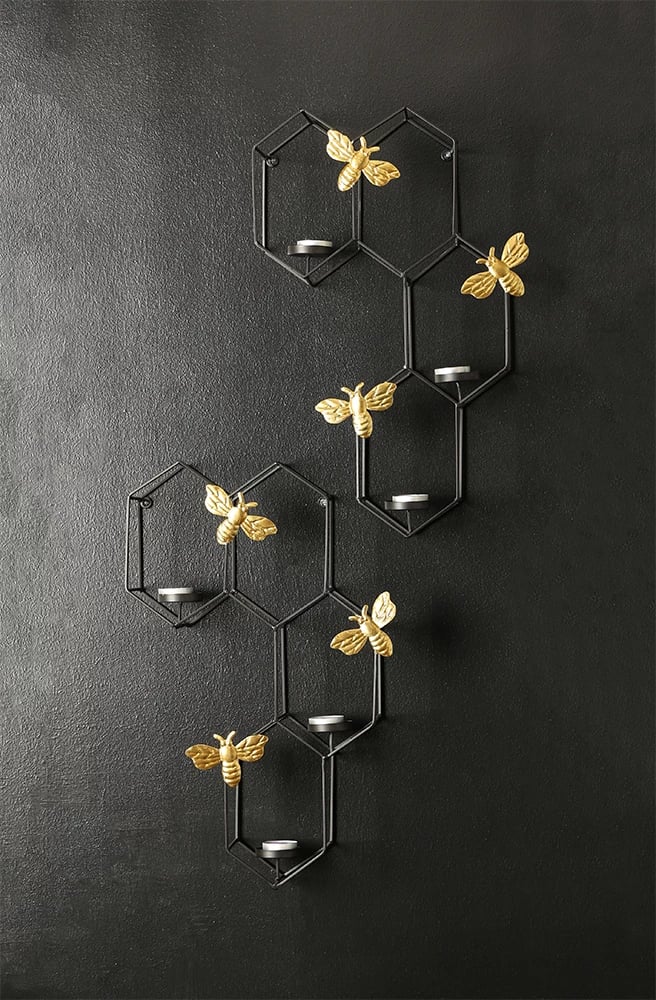 Mbajtës qirinjsh për mur HIVE, metal i zi dhe ar, 30x9x45cm