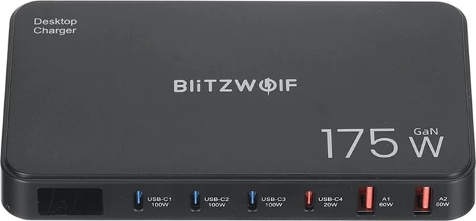 Stacion karikimi Blitzwolf BW-S30, 6-në-1, 4xUSB-C + 2xUSB-A, 175W, i zi