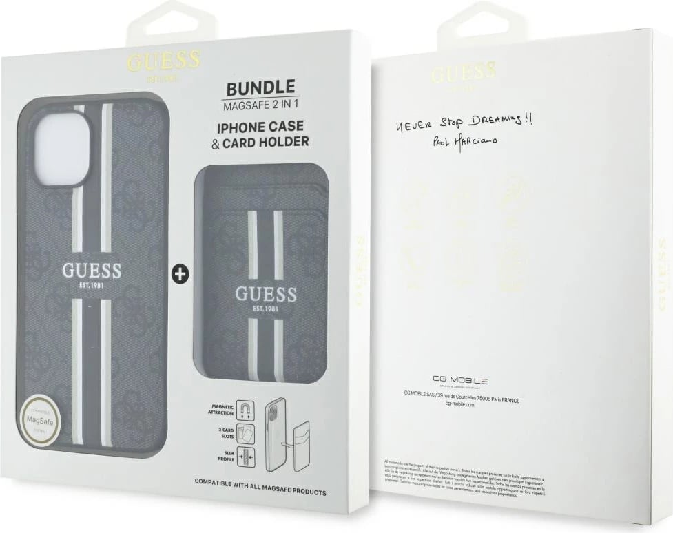 Mbështjellës Guess 4G Stripes me portofol MagSafe për iPhone 15, i zi