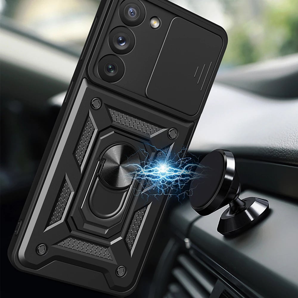 Mbështjellës Hurtel Hybrid Armor Camshield për Samsung Galaxy S23+, me kapak kamere, unazë metalike, Kuq