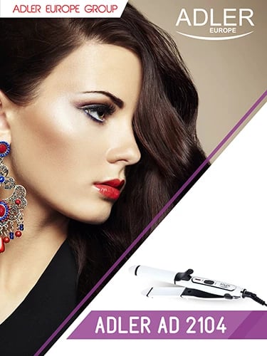 Piaster flokësh 2-në-1, Adler AD 2104, pllaka alumini me veshje qeramike 11x3 cm, diametër 32 mm, 45–55W, kabllo rrotulluese 360°, prizë Tip C (16A), e bardhë