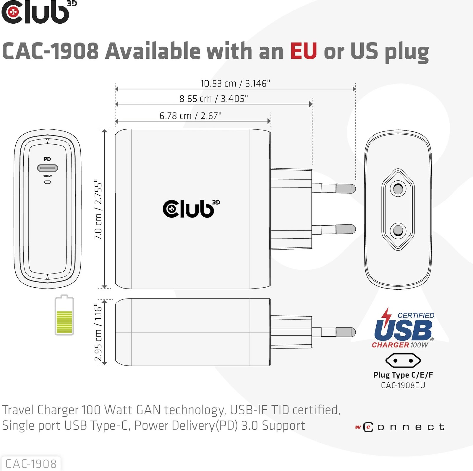 Karikues Club3D USB Type-C PD 100W, GaN, i zi