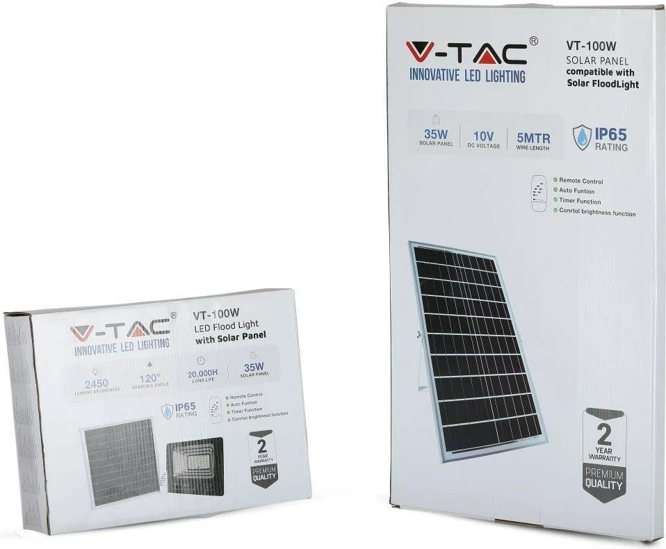 Projektor LED solar V-TAC 35W, IP65, me telekomandë, timer VT-100W 4000K, ngjyrë e zezë