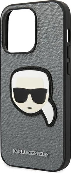 Mbështjellës Karl Lagerfeld KLHCP14LSAPKHG për iPhone 14 Pro 6.1", Saffiano Karl's Head Patch, argjendtë