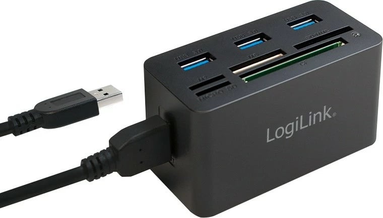 Kasë USB Hub LogiLink CR0042 me 3 porta USB 3.0 dhe lexues kartelash, e zezë
