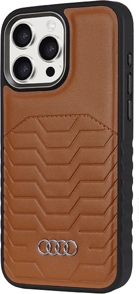 Mbështjellës Audi për iPhone 15 Pro Max, lëkurë sintetike, MagSafe, kafe
