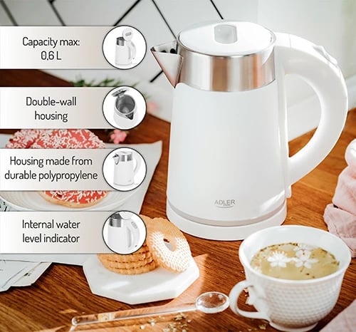 Çajnik elektrik, Adler, AD 1372, 0.6 L, 800 W, çelik inoksi, i bardhë