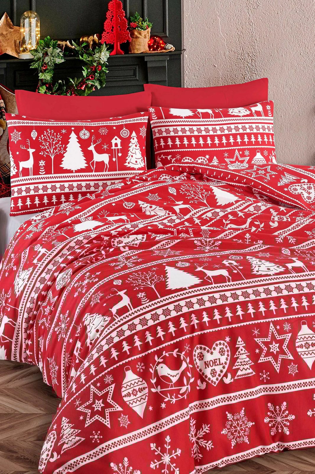 Set mbulesë për jorgan king size, L'Essentiel Linge de Maison, Snowmas, ngjyrë e kuqe e thellë dhe e bardhë