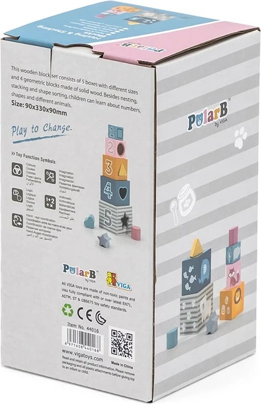 Piramidë druri me numra, Viga Polar Bear, 5 kube + sorter formash, 24M+, multingjyrëshe