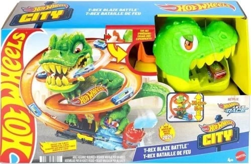 Set lodrash Hot Wheels City T-Rex Blaze Battle me veturë 1:64, shumëngjyrëshe