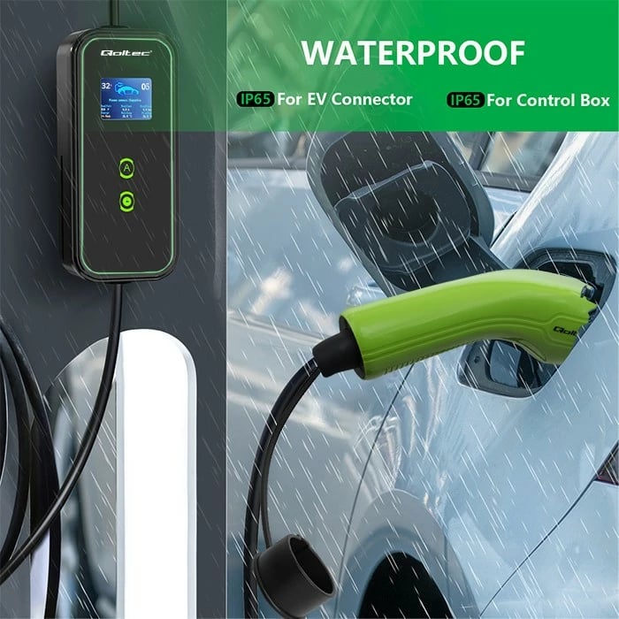 Karikues portativ për vetura elektrike Qoltec 52477, Type 2, 7kW, 5m, WiFi, i zi/gjelbër