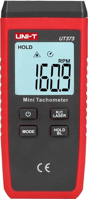 Tahometër pa kontakt, UNI-T UT373, matje 10–99999 RPM, lazer dhe ekran me ndriçim, 3x1.5V R03, i kuq/gri