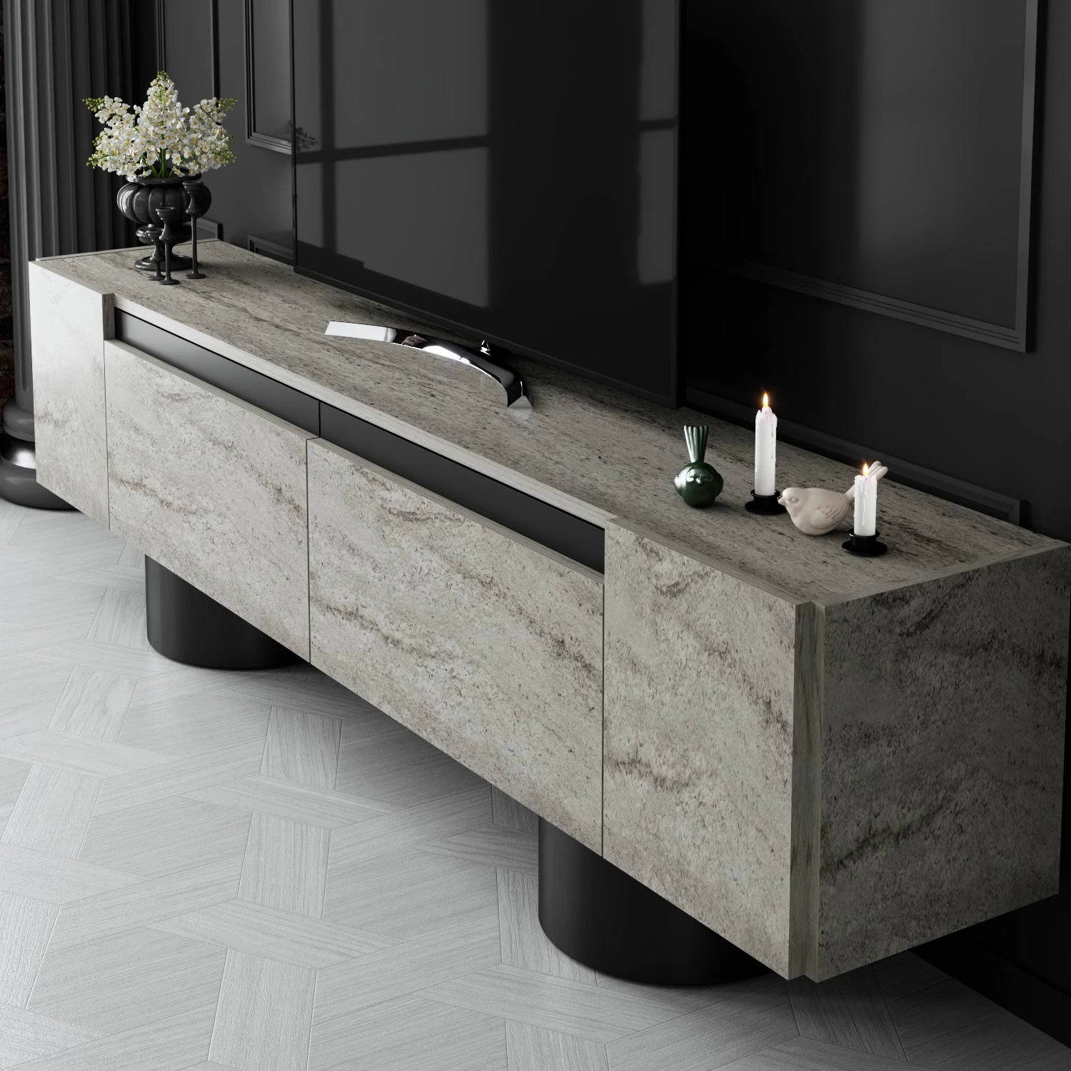 Komodë TV Hanah Home, bohem, travertin, e zezë