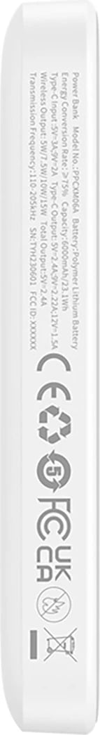 Powerbank Baseus Magnetic Mini Air PPCXM06A, 6000mAh, 20W, MagSafe, me kabllo USB-C, Bardhë