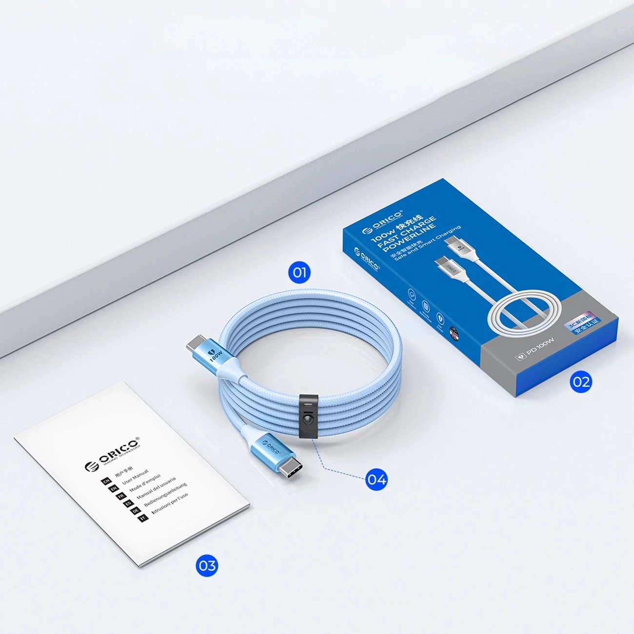 Kabllo USB-C në USB-C Orico CDX, 1m, 100W, Kaltër
