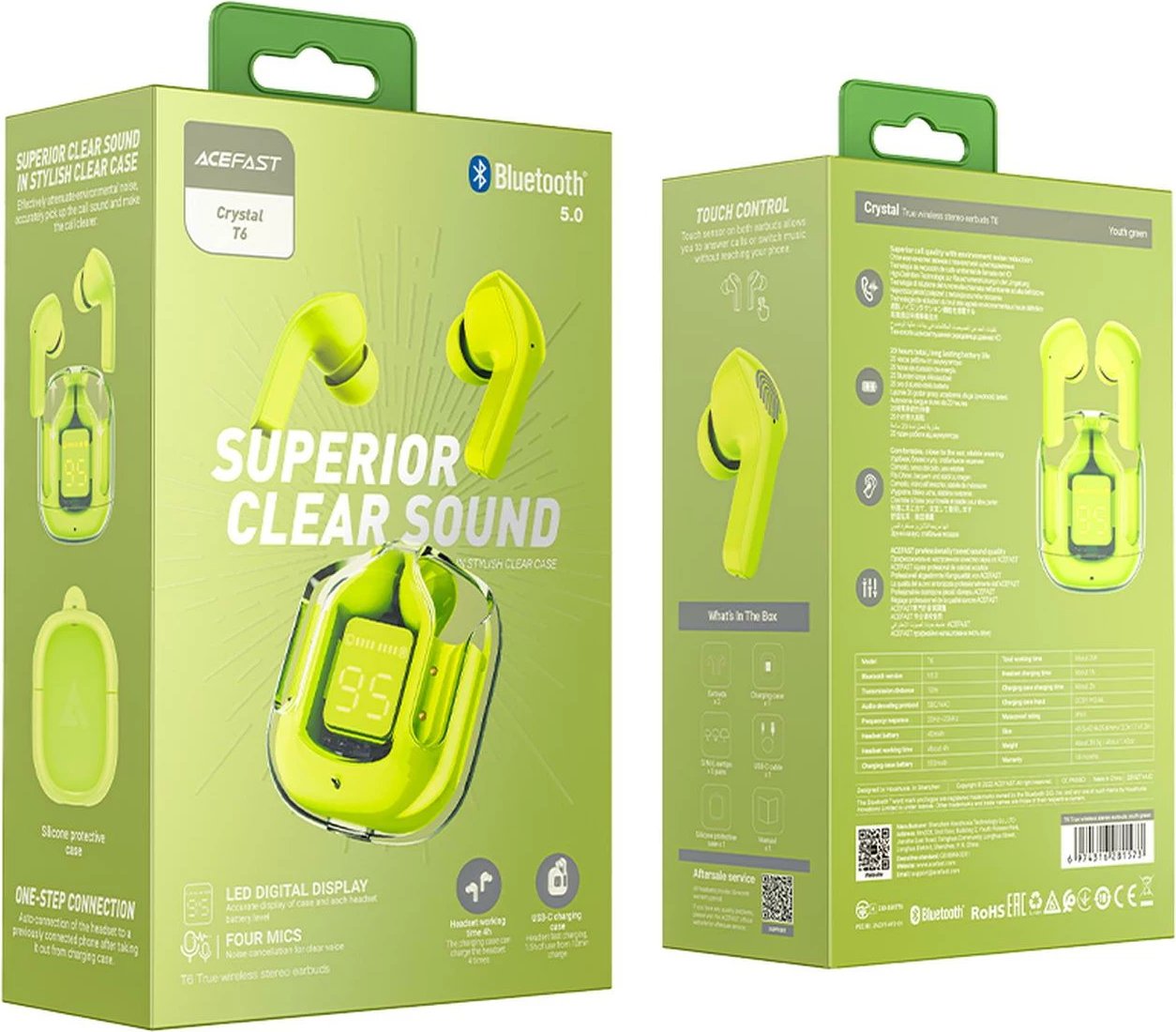 Kufje Acefast T6 TWS, wireless, Bluetooth 5.0, me kuti karikimi, Gjelbër