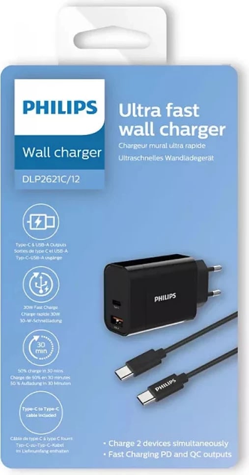 MBUSHES FAST CHARGING PHIIPS DLP2621C/12 | DUAL PORT TYPE-C/TYPE-C 30W 1M BLACK