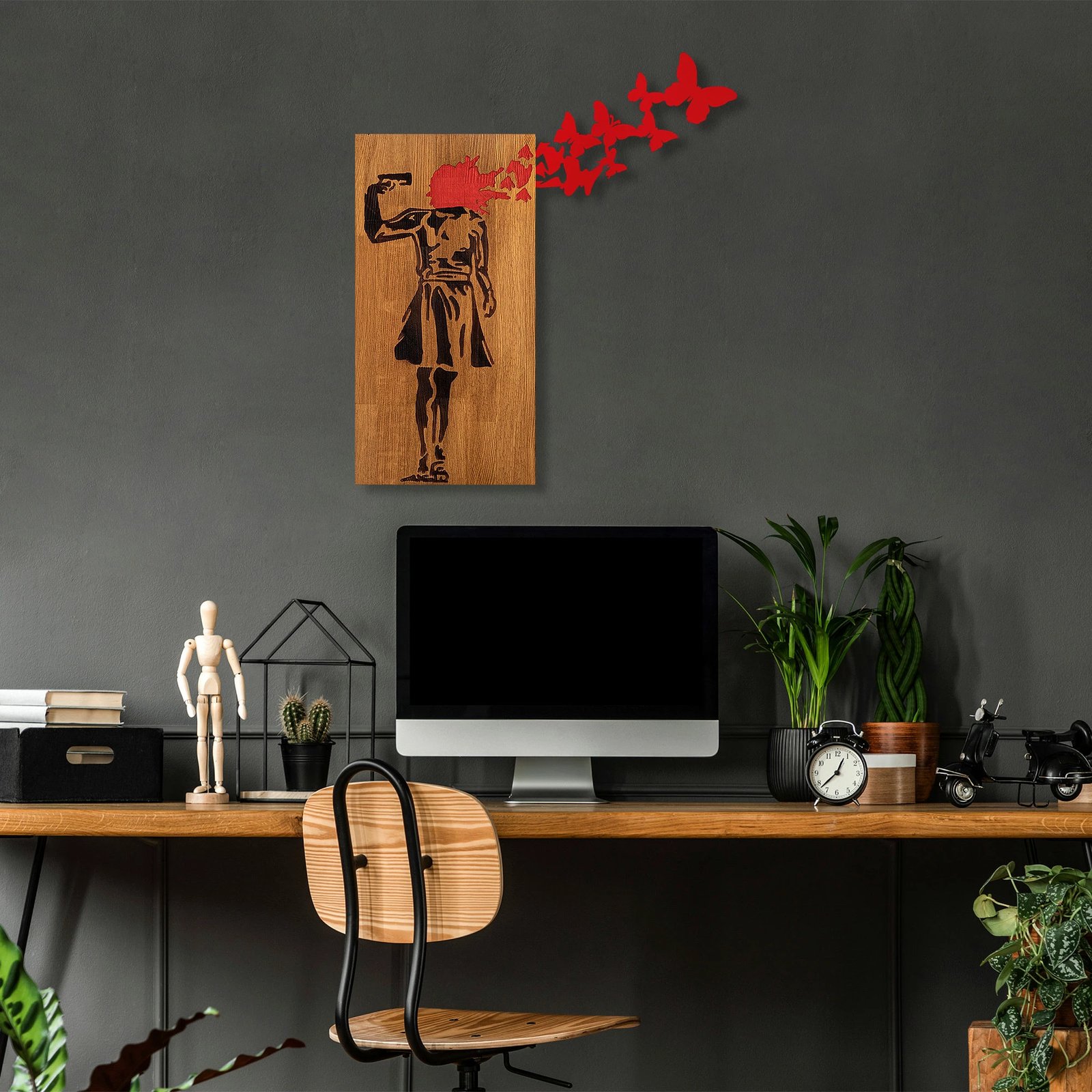 Aksesor dekorativ prej druri për mur, Wallity Banksy - 16, ngjyrë arre dhe e zezë, 99x34cm