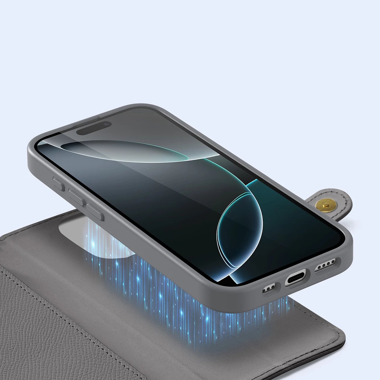 Mbështjellës Dux Ducis Lawa për iPhone 16 Pro, lëkurë, me portofol magnetik, Gri