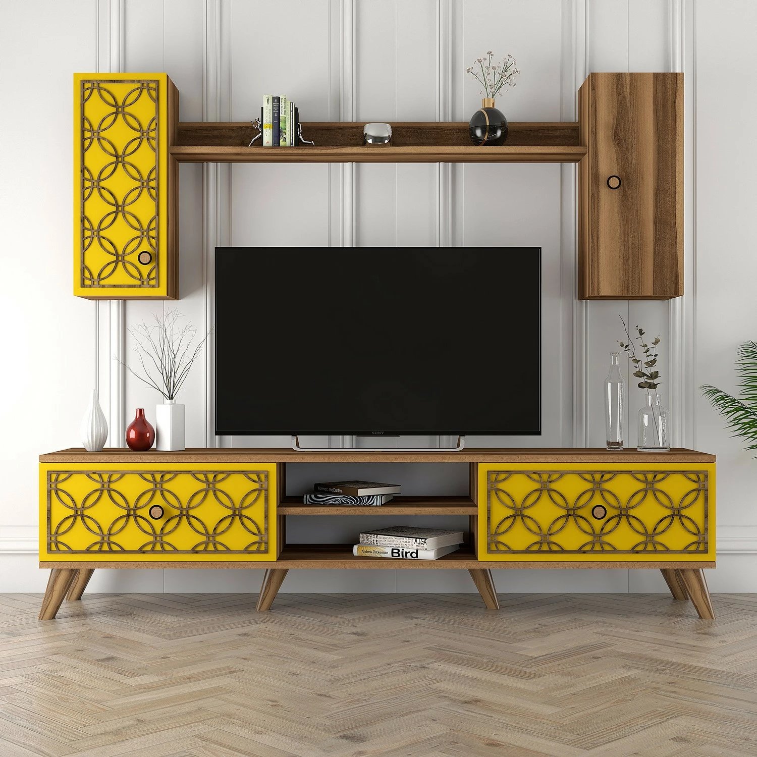 Set komodë TV Hanah Home, Class S, ngjyrë arre dhe e verdhë