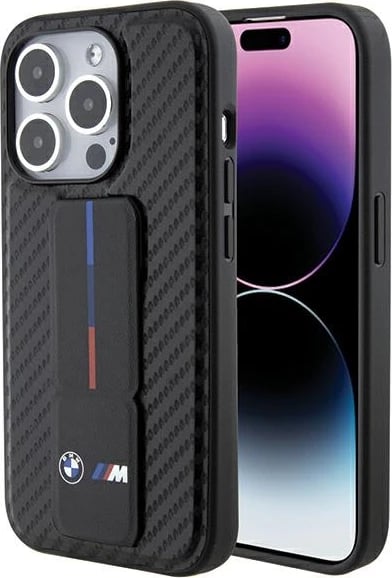 Mbështjellës BMW Grip Stand Smooth & Carbon për iPhone 15 Pro, i zi