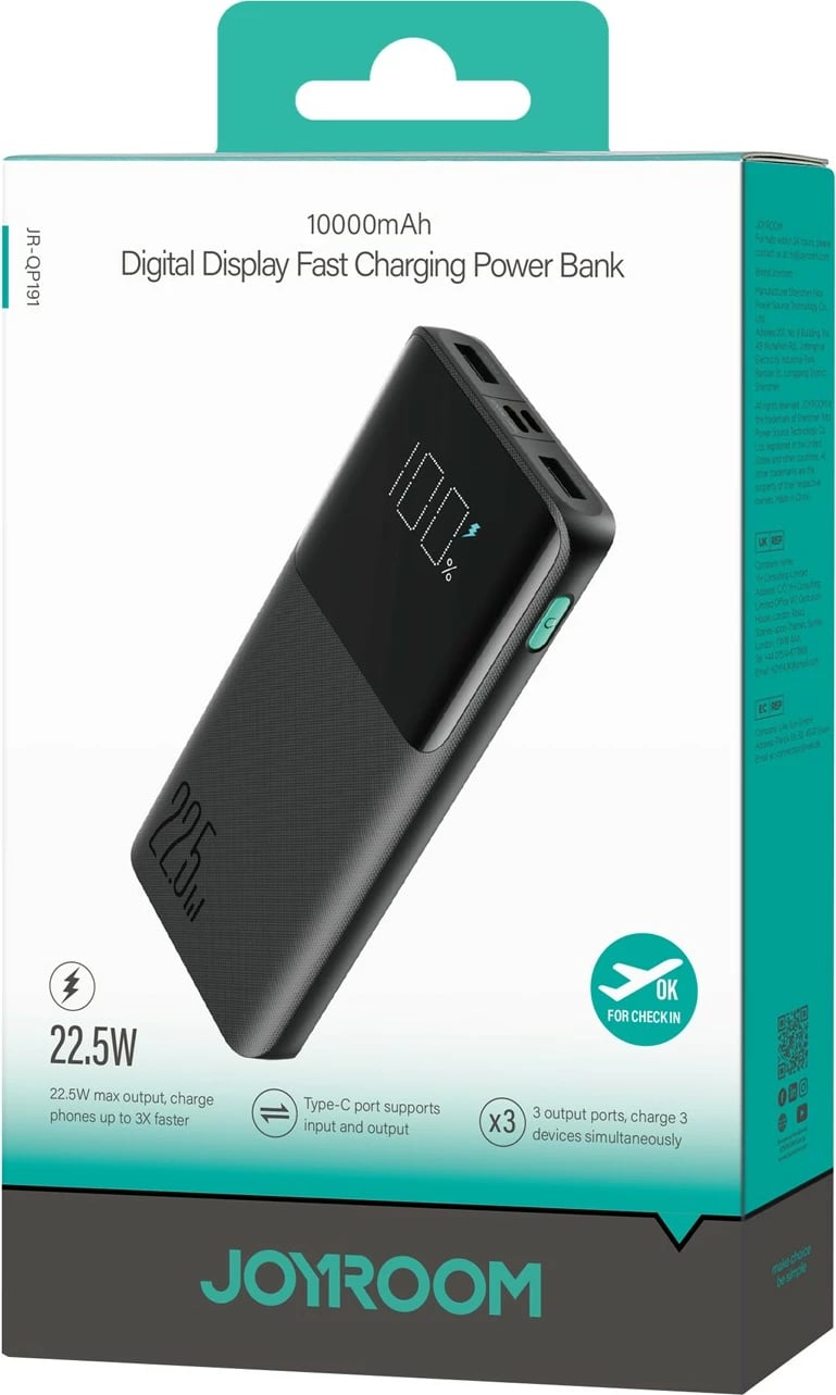 Powerbank Joyroom JR-QP191, 10000mAh, 22.5W, me kabllo USB-C, e zezë