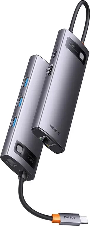 Hub Baseus StarJoy Series WKWG080013, 6-në-1, USB-C në 3x USB 3.0, HDMI, USB-C PD, RJ45, Gri