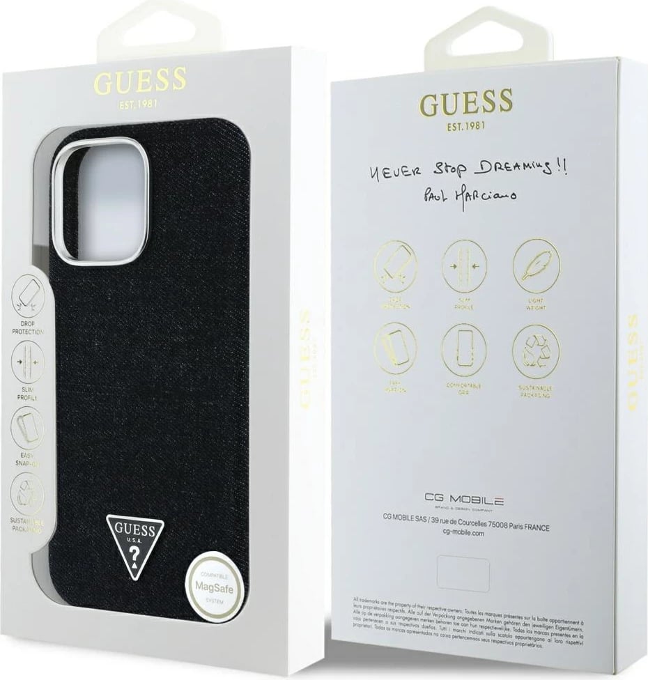 Mbështjellës Guess Denim Triangle Logo MagSafe për iPhone 16 Pro, i zi