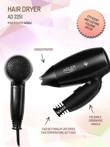 Tharëse flokësh Adler AD 2251 1400 W 2 shpejtësi 2 temperatura dorezë palosëse me koncentrator e zezë