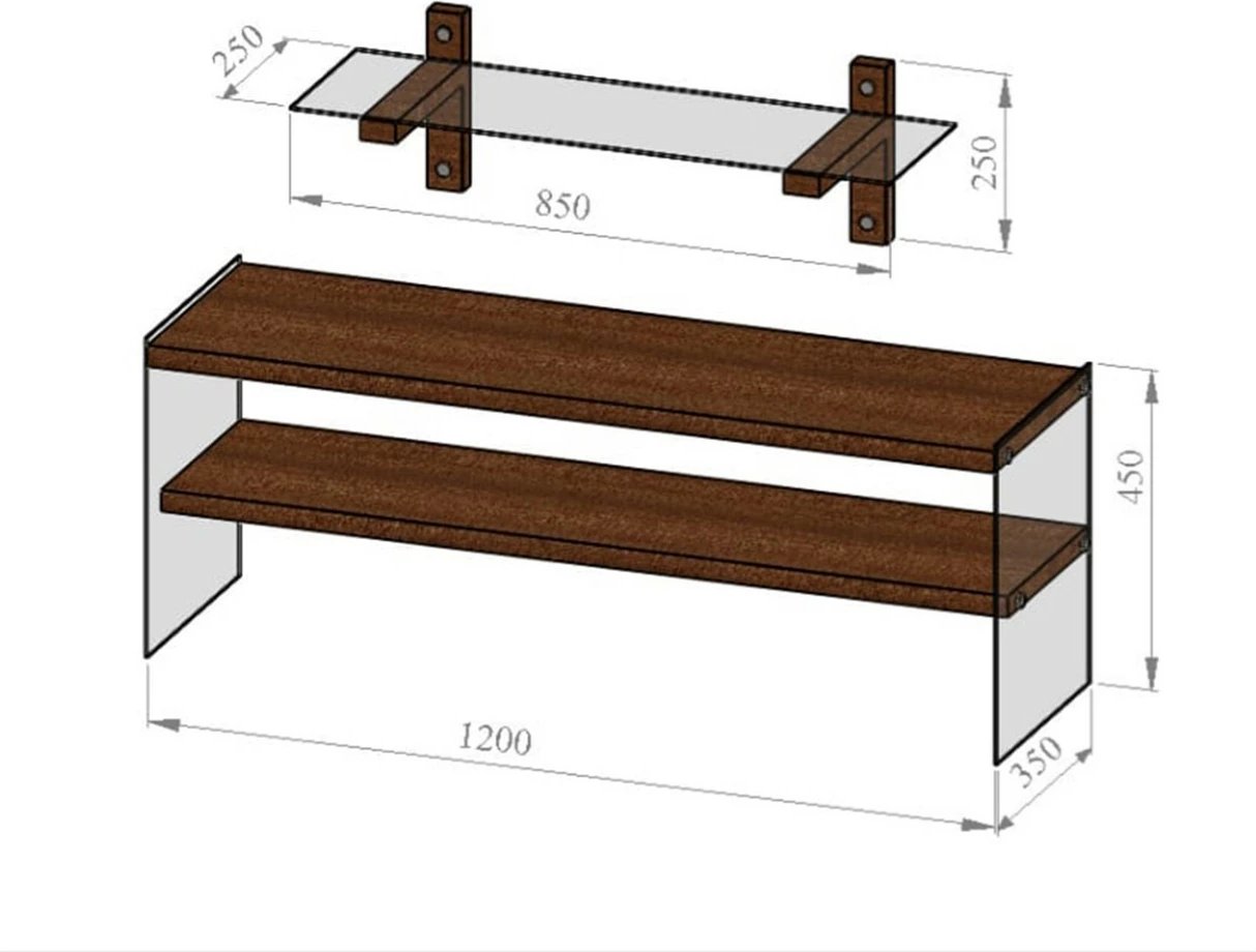 Set komodë TV me raft muri, dru i fortë pishe, xham i temperuar, ngjyrë arre, Hanah Home TV104
