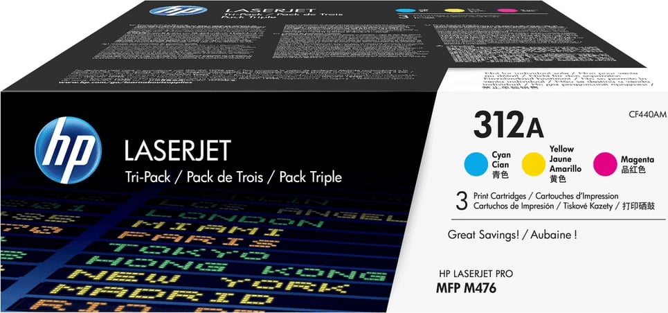 Toner HP 312A CF440AM, rendiment 2700 faqe, paketë treshe, cian magenta e verdhë