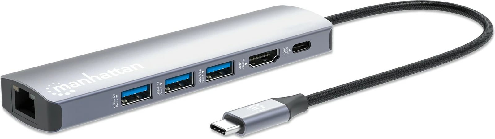 Docking station MANHATTAN 6-në-1 USB-C, 4K HDMI, 3x USB 5Gb/s, gri