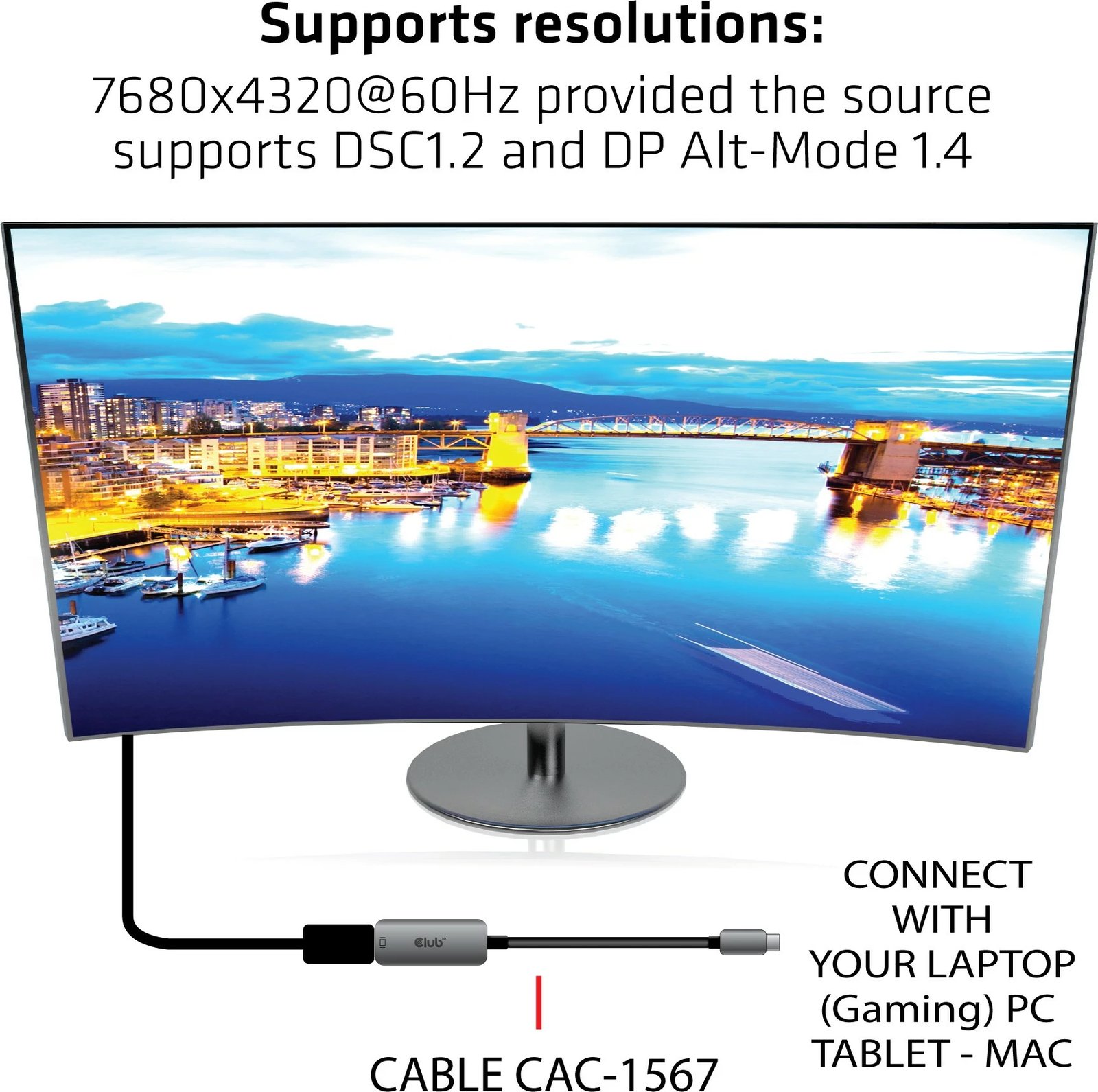 Adapter Club3D USB Type-C në DisplayPort 1.4, 8K60Hz, i zi/argjendtë