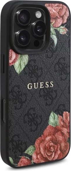 Mbështjellës Guess GUHMP16LP4ROPEMCK për iPhone 16 Pro 6.3", 4G Flowers Print MagSafe, zi