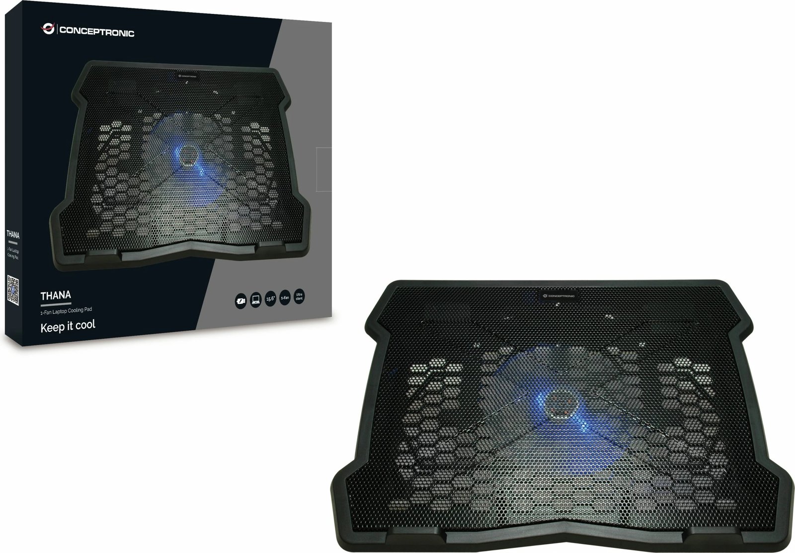 Mbajtëse ftohëse Conceptronic 1-Fan USB-A2.0 për laptop 15.6 inç, e zezë