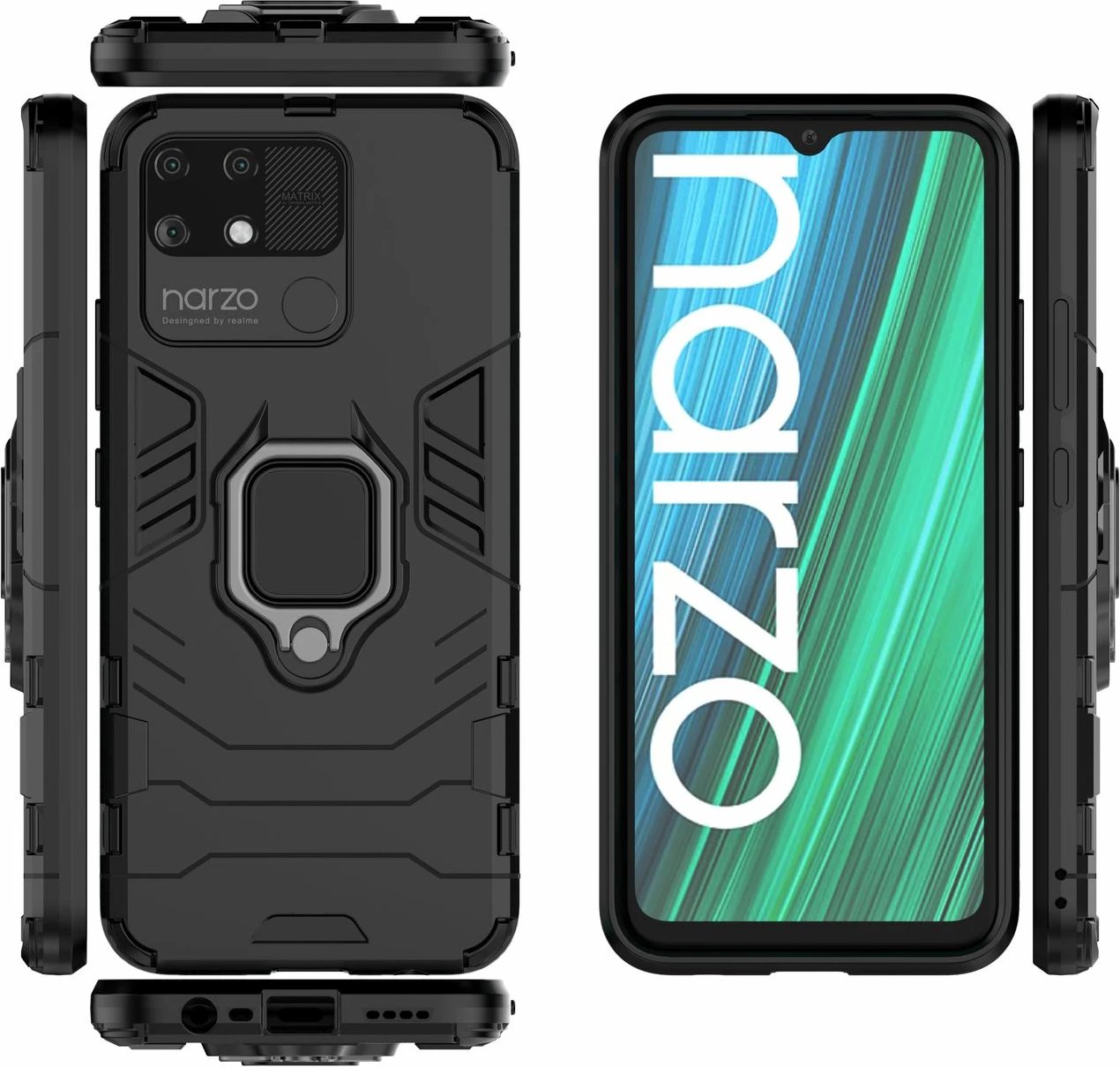 Mbështjellës Hurtel Ring Armor për Realme Narzo 50A, me dorezë magnetike, i zi