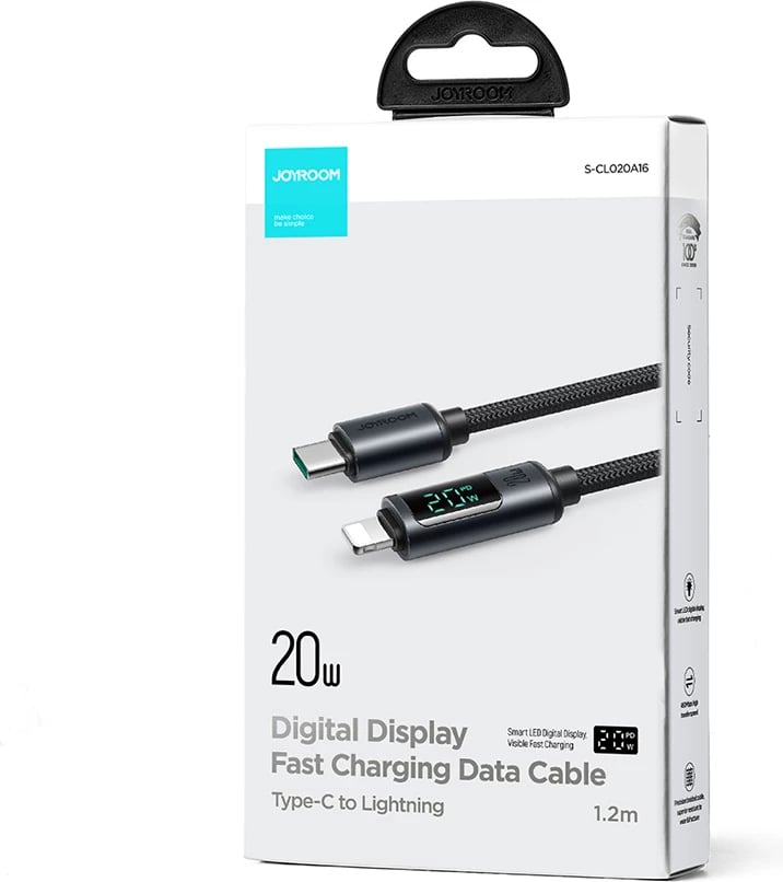Kabllo Joyroom Prism Series A16, USB-C në Lightning, 1.2m, 20W, me ekran LED, e zezë