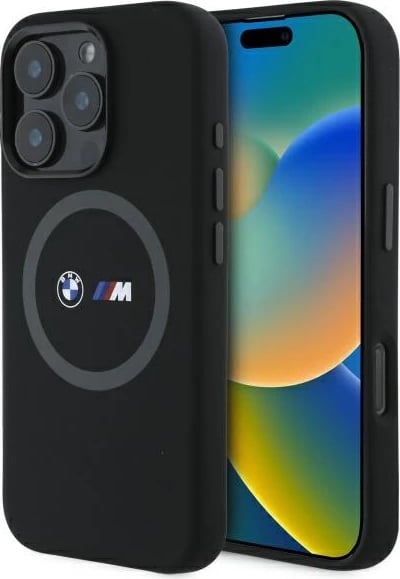 Mbështjellës BMW M për iPhone 16 Pro Max, silikon, MagSafe, zi