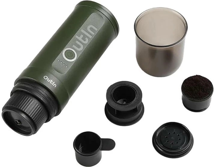 Aparat kafeje portativ espresso, OUTIN Nano A000011, 7500 mAh, 20 bar, 80 ml, kompatibil me kapsula Nespresso dhe kafe të bluar, i gjelbër, set me kuti mbrojtëse