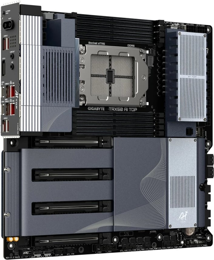 Pllakë amë, Gigabyte TRX50 AI TOP 1.1, sTR5, AMD TRX50, 8 DDR5 ECC R-DIMM deri 2 TB, 4x PCIe 5.0 x16, 4x M.2, 2x USB4, 2x 10GbE, Wi‑Fi 7, DisplayPort