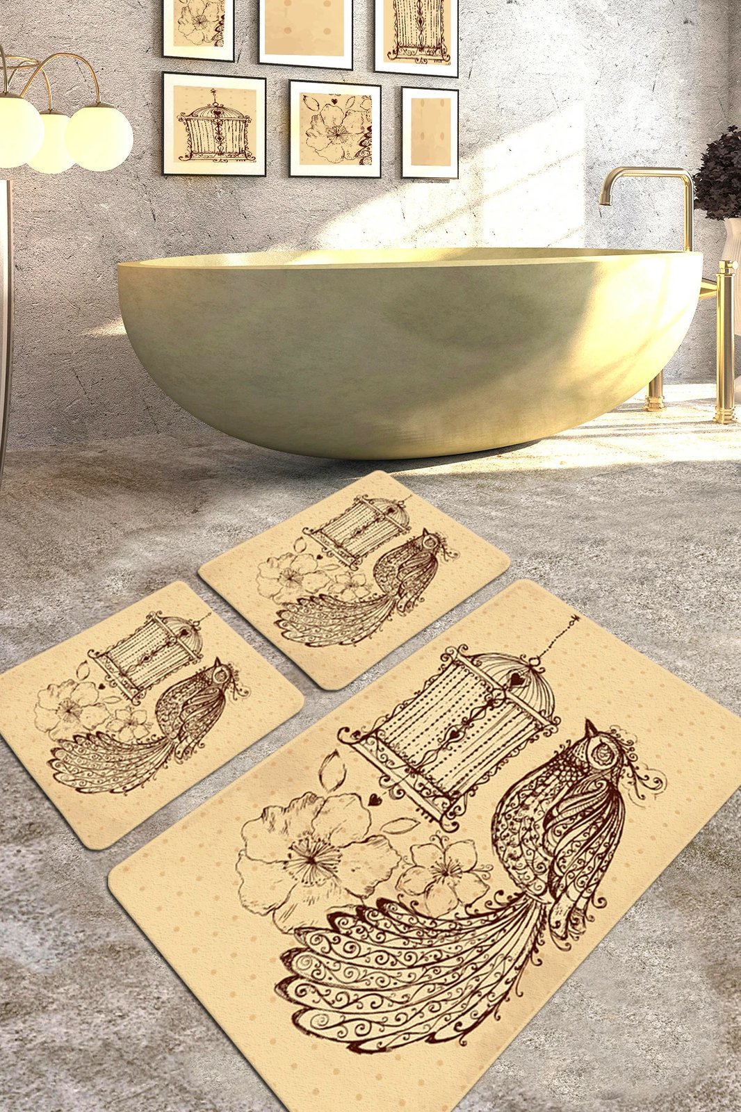 Set tapetesh për banjo (3 copë), Mijölnir, Malurus, ngjyrë camel dhe kafe