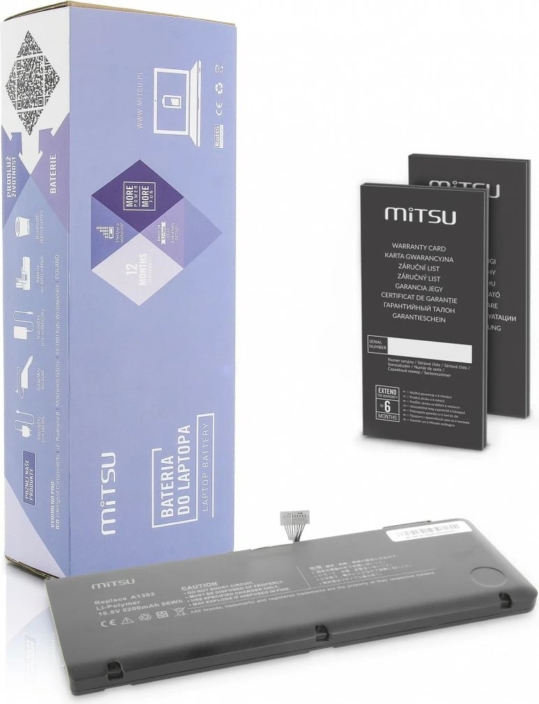 Bateri laptop Mitsu për Apple MacBook Pro 15, 5200 mAh, Li-poly, 6 qeliza, E zezë