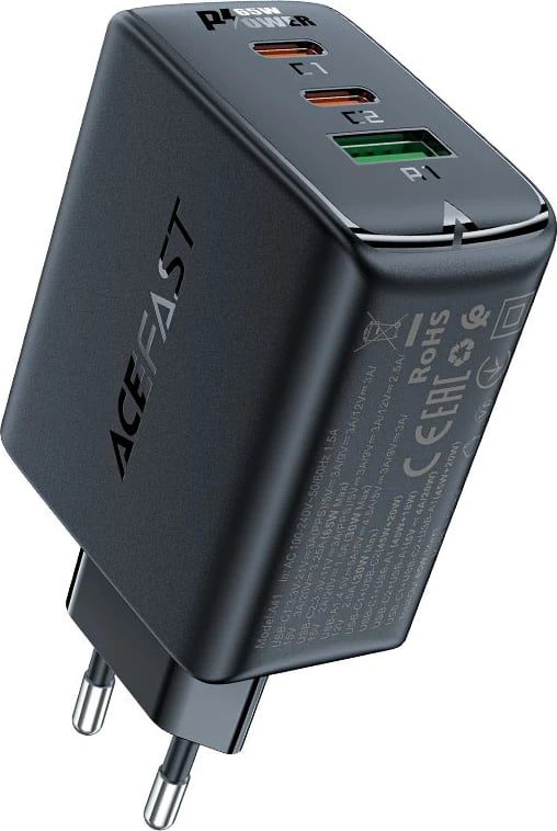 Karikues i shpejtë murit Acefast A41, 65W, 2x USB-C / USB-A, i zi
