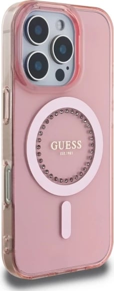 Mbështjellës Guess IML Rhinestones për iPhone 16 Pro Max, MagSafe, Rozë