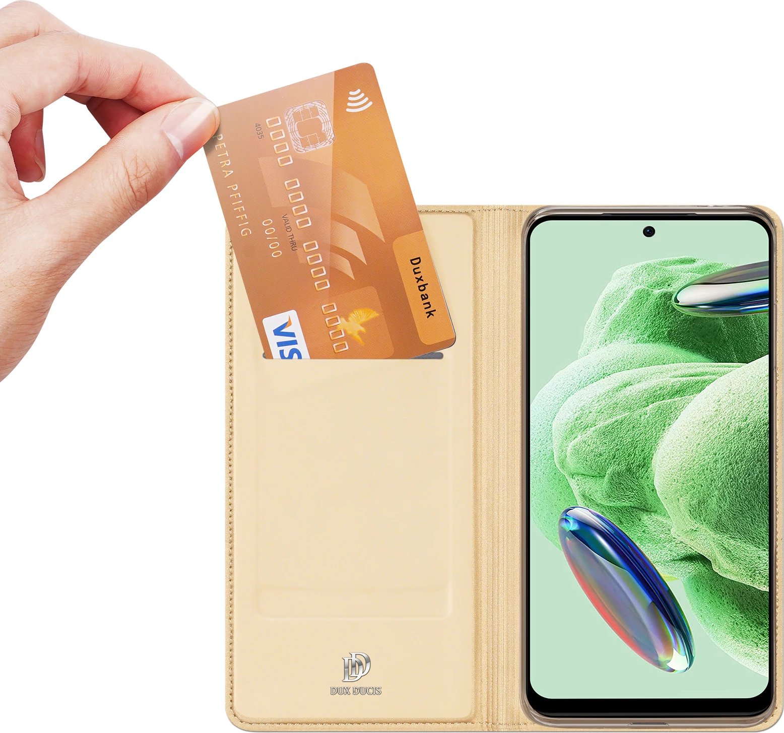 Mbështjellës Dux Ducis Skin Pro për Xiaomi Redmi Note 12 Pro+, me xhep karte, stand, Gold Mbështjellës Dux Ducis Skin Pro për Xiaomi Redmi Note 12 Pro+, me xhep karte, stand, Gold