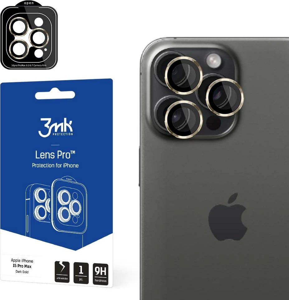 Mbrojtës lentash 3mk Protection Lens Protection Pro për iPhone 15 Pro Max, kornizë e artë