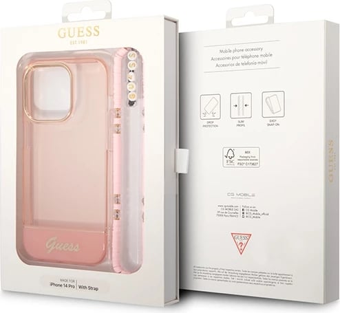 Mbështjellës Guess GUHCP14LHGCOHP për iPhone 14 Pro 6.1", hardcase, Translucent Pearl Strap, rozë