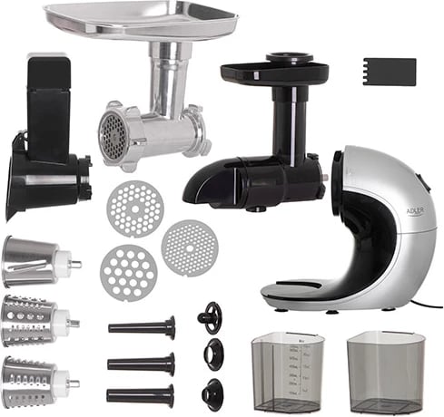 Pajisje kuzhine 3‑në‑1, Adler AD 4131, shtrydhëse e ngadaltë 90–105 rpm, mulli mishi #8 me sita 3/5/7 mm, grirëse perimesh, 150 W, 650 ml