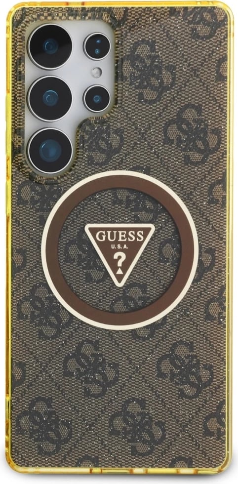 Mbështjellës Guess 4G Glitter Triangle Buttons MagSafe për Samsung Galaxy S25 Ultra, Kafe Mbështjellës Guess 4G Glitter Triangle Buttons MagSafe për Samsung Galaxy S25 Ultra, Kafe